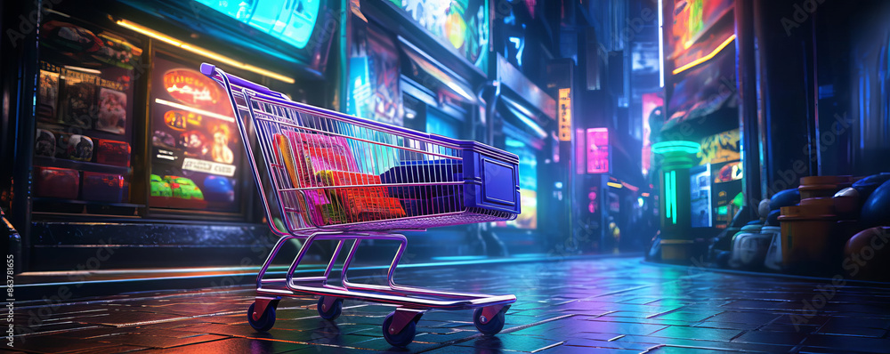 Wall mural A shopping cart crafted from radiant neon and advanced tech elements, positioned within an abstract, dynamic environment that emphasizes movement, capturing the essence of futuristic shopping. - Wall murals