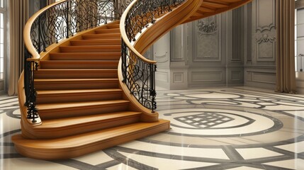 : A luxury boutique hotel lobby with a spiral staircase made from ash wood, accented by iron railings. The floor design incorporates a sophisticated gray marquetry pattern.