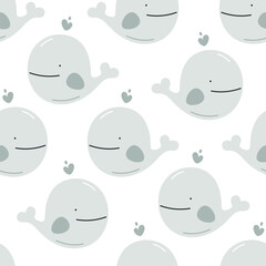 Seamless pattern with cute whale. Sea character. For for kids design, fabric, wrapping, cards, textile, wallpaper, apparel. Isolated vector cartoon illustration in flat style on white background.