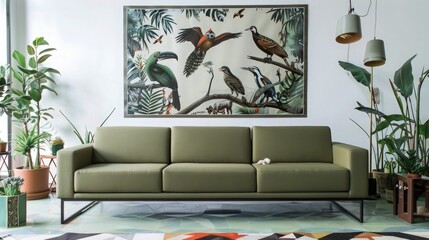 A modern living room with a sleek olive green sofa, complemented by an artistic jungle-themed poster on the wall, featuring birds and wild animals. 