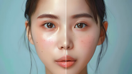 Beauty skin care young Asian half smooth skin. Skin of young woman before and after the cosmetics procedure, problem and smooth skin, concept of skincare Beauty product