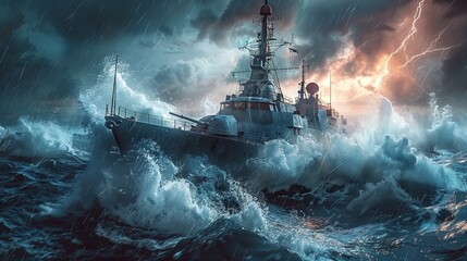 Obraz premium Warship in the stormy sea