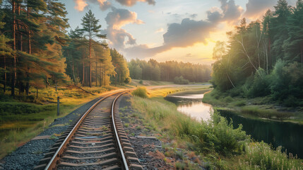 Fototapeta premium Train railway track along lake in deep green forest