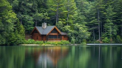 Fototapeta premium Serene lakeside cabin surrounded by pine trees