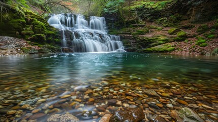 Tranquil waterfall in a mossy forest setting