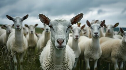 Obraz premium A group of white goats stands in a field under a cloudy sky, with one goat prominently in the foreground, capturing attention with its direct gaze.