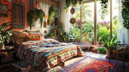 A guest room with a cozy, bohemian vibe, showcasing a bed with colorful, patterned bedding, eclectic decor, hanging plants, and a large window with a view of a vibrant garden.