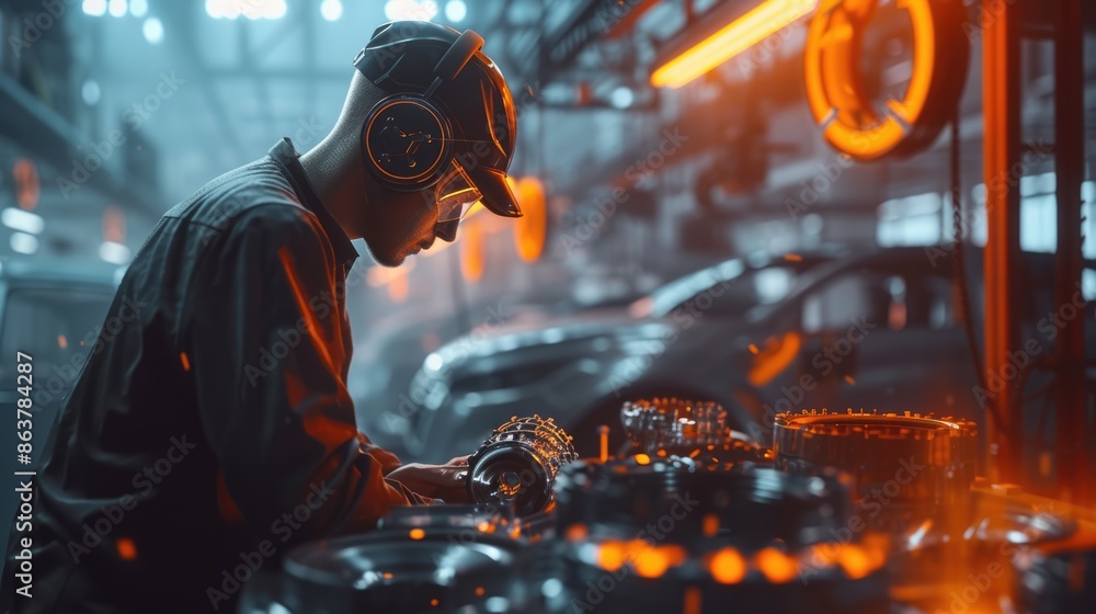 Poster smart industrial worker working and checking mechanic parts at production line in factory by using i