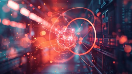 Obraz premium A futuristic image of a schematic atom at the background of nuclear power plant, AI
