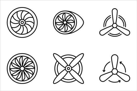 Plane turbine linear icon set. Airplane equipment. Jet propeller. Aeroengine. vector illustration on white background