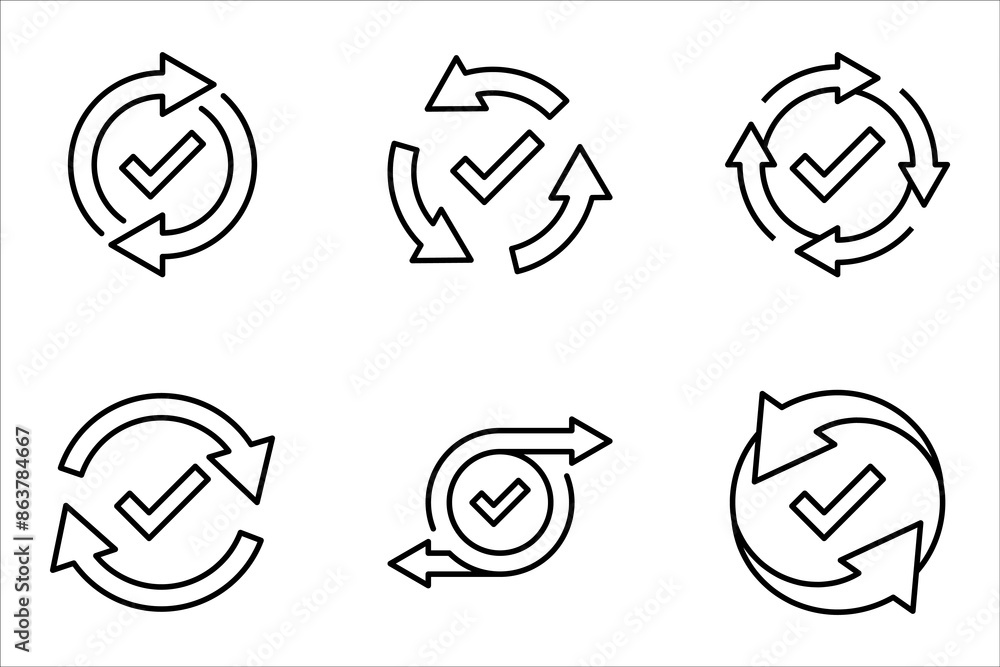 Poster checking process linear icon set. successfully checked. check mark with circle arrows. vector illust