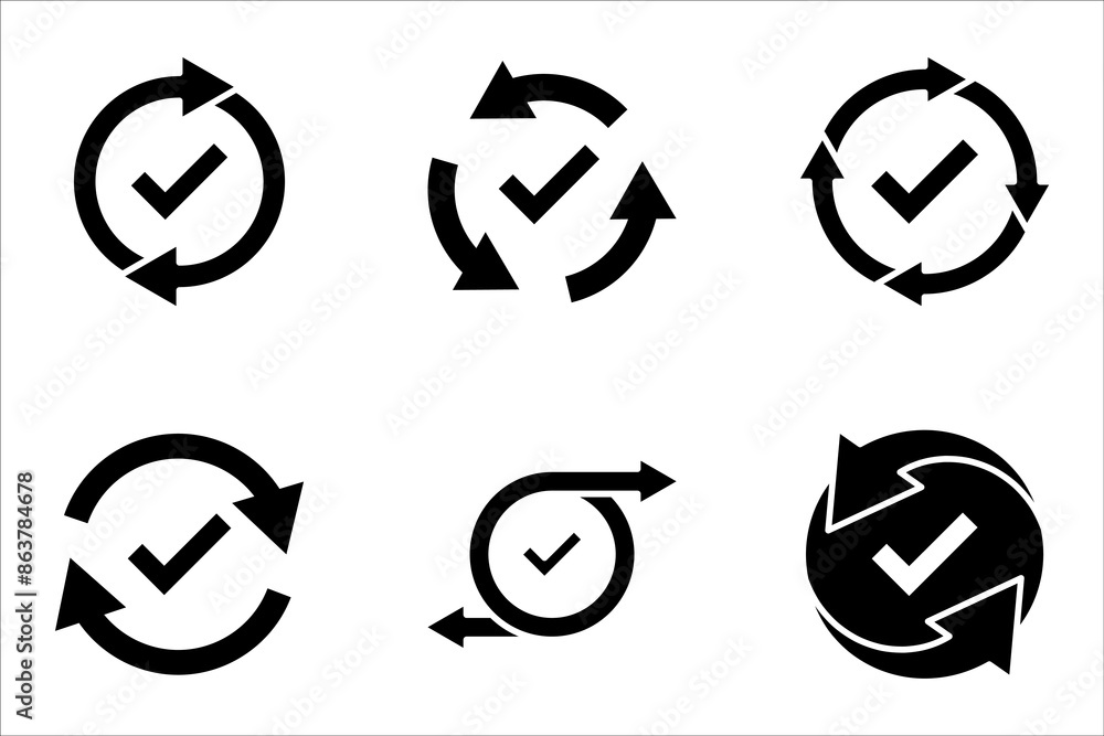 Poster checking process linear icon set. successfully checked. check mark with circle arrows. vector illust