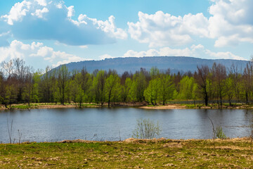 Obraz premium spring landscape with lake and mountain
