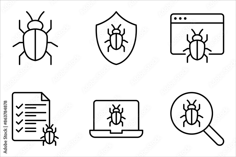 Poster bug vector icon set. software malware virus. cyber protection outline symbols. vector illustration o