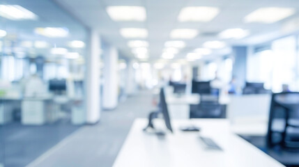 A blurred image of a white office cubicle area with partitions, desks, and computers neatly arranged