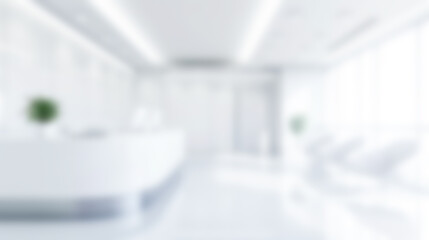 A soft-focus photo of a bright white reception area in a clean office environment, with a desk and waiting chairs