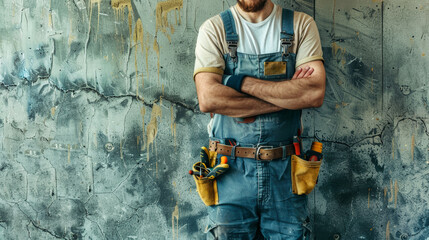 Obraz premium A construction worker poses boldly with crossed arms and tools on his belt, against a weathered wall displaying the grit of his trade
