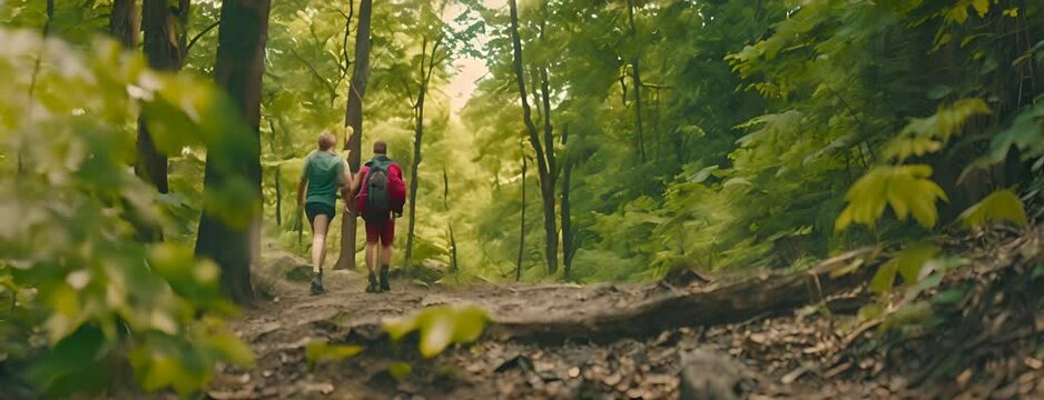 Friends hiking and exploring nature trails for National Trails Day, scenic forest views, 4K hyperrealistic photo. 4K Video