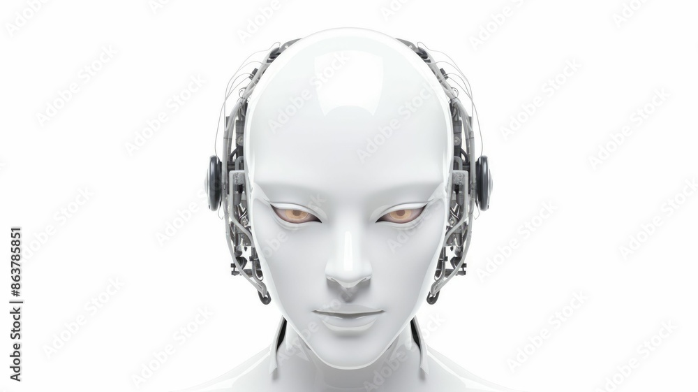 Poster smart android head close up with humanoid features. futuristic robot face concept with white sleek d