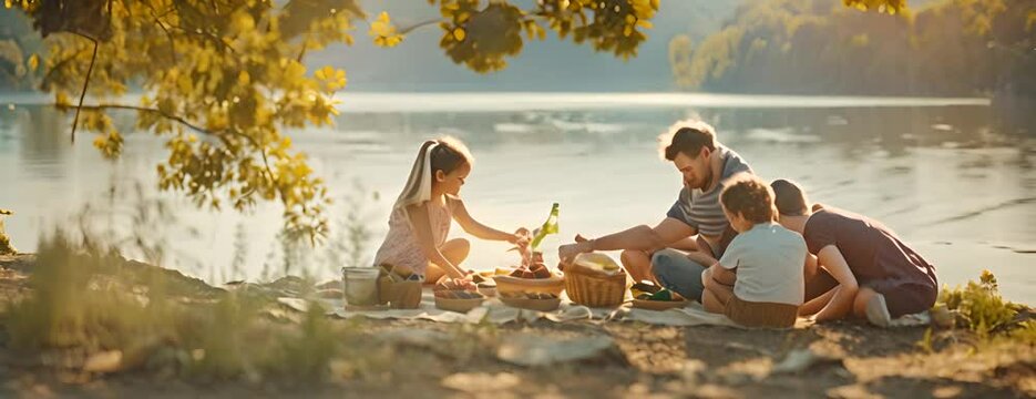 Family enjoying a picnic by the lake for National Picnic Month, delicious food and scenic views, 4K hyperrealistic photo. 4K Video - Powered by Adobe