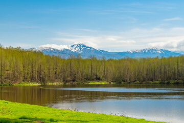 Fototapeta premium spring landscape with lake and mountain
