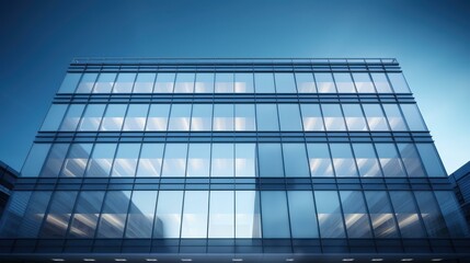 Stunning modern office building with glass facade and sleek architectural design against a clear blue sky.