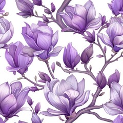 Seamless floral pattern with blooming magnolia flowers and buds on white background. Elegant spring design for fabrics, textiles, wallpaper, packaging.