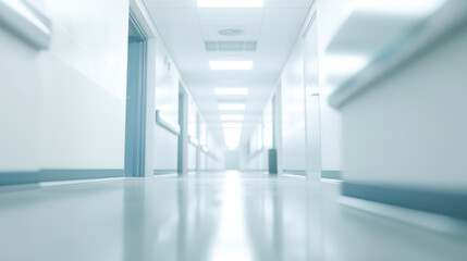 Obraz premium A softly blurred background of a hospital corridor with bright overhead lighting and clean walls