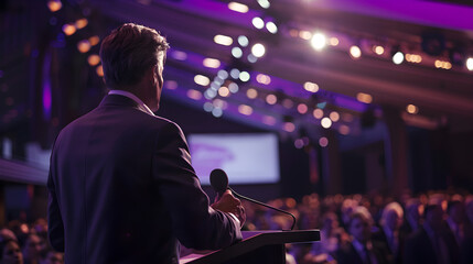 Businessman in suit and tie standing at podium giving a speech to corporate audience.