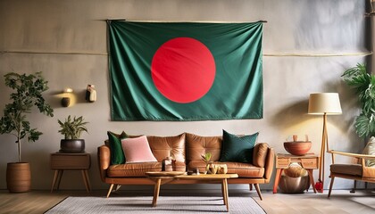 Obraz premium The flag of Bangladesh hangs in the living room at home. The flag is in house.