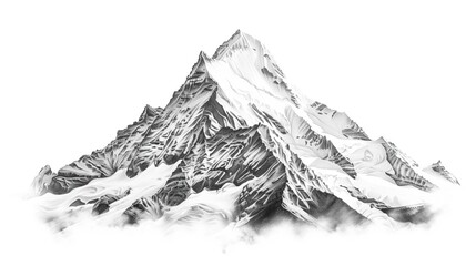 Pencil sketch of high mountain with snow on the peaks isolated on a white background