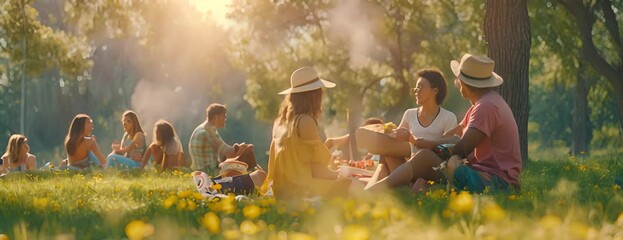Family picnic in the park for International Friendship Day, August 1st, enjoying homemade treats and sunny weather, 4K hyperrealistic photo. 4K Video