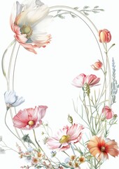 Create pastel watercolor flowers, oval frame, clipart, muted colors, white background