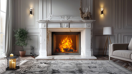 Traditional fireplace decorated with white marble in classic interior of living room.