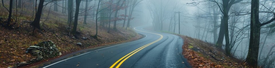 Fototapeta premium Curving Road with Yellow Line in a Misty Forest. Perfect for Travel, Scenic Routes, and Outdoor Adventures. Ideal for Seasonal Themes like Summer, Autumn, Spring, and Four Seasons. AI-Generated High-R