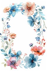 delicate watercolour flower oval frame for wedding invitation, high resolution, detail, isolated on a white background 