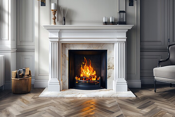 Traditional fireplace with burning fire decorated with white marble in classic interior.