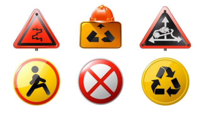 Warning icon set on transparent background