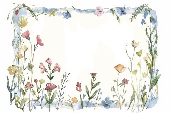 hand drawing wildflower rectangle frame, watercolor style, simple and dreamy style