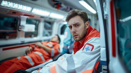 Fototapeta premium Paramedic in Ambulance with Patient in Background, Emergency Medical Response, Healthcare Professional at Work