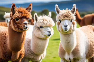 Cute alpacas of different colors on a farm, on a sunny day. Made with the help of artificial intelligence. 