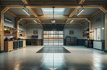 Well-Lit Modern Garage With Wooden Beams and Open Garage Door