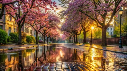 Fototapeta premium Wet cobblestone street glistens with morning dew, reflecting blooming trees, as raindrops ripple gentle puddles on calm April day.