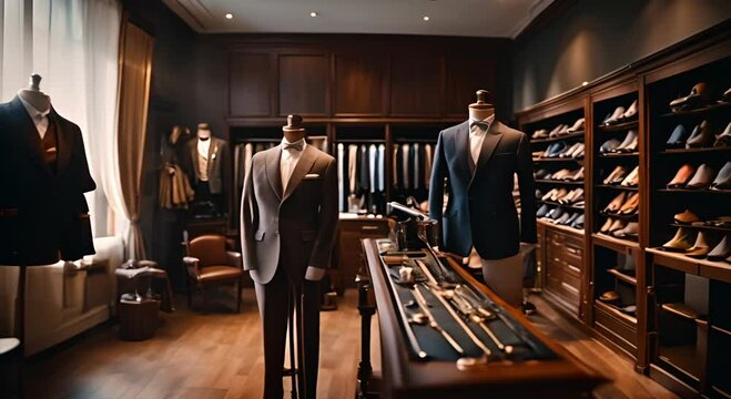 Tailor shop interior with sewing tools and mannequins with suits