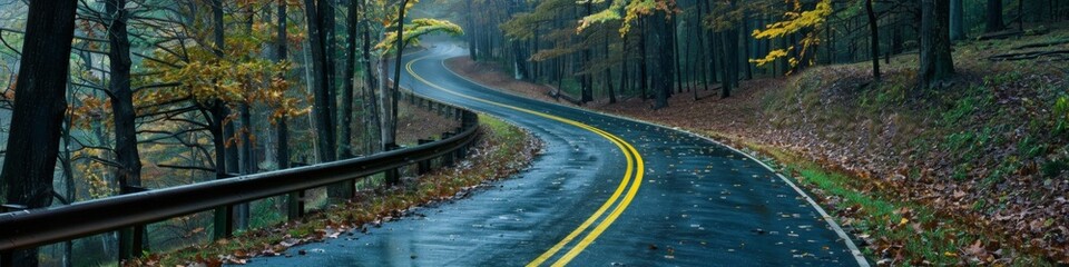 Fototapeta premium Rainy Day on a Winding Road with Yellow Line in a Forest. Ideal for Travel, Scenic Routes, and Outdoor Adventures. Perfect for Seasonal Themes like Summer, Autumn, Spring, and Four Seasons. AI-Generat