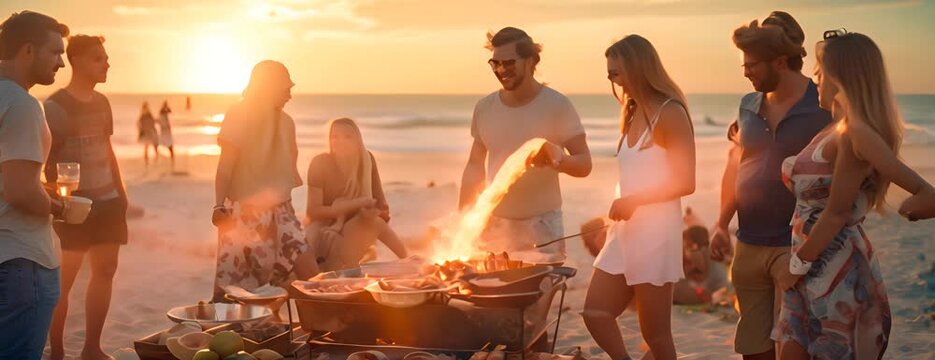 Group of friends at a beach barbecue for Summer Solstice, cooking over an open fire, sunset backdrop, 4K hyperrealistic photo. 4K Video