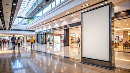 Obraz premium Large blank advertising space in a bustling shopping center with a blurred background of storefronts and mall architecture.