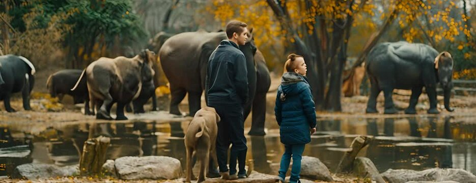 Family visiting a zoo for National Animal Shelter Appreciation Week, November 7th, learning about and supporting shelters, 4K hyperrealistic photo. 4K Video