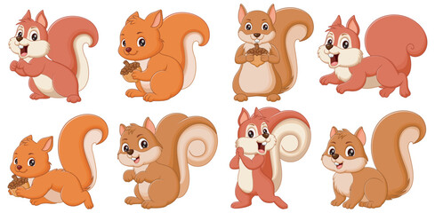 Cute squirrel cartoon collection set. Animal Nature Icon Concept Isolated Premium Vector. Vector illustration	
