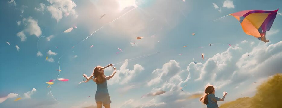 Family flying kites for National Relaxation Day, August 15th, colorful kites soaring in the sky, 4K hyperrealistic photo. 4K Video